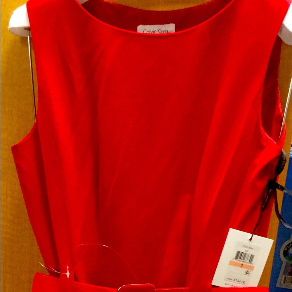 Red Calvin Klein belted dress